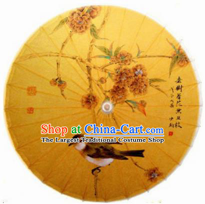Chinese Handmade Printing Flower Bird Yellow Oil Paper Umbrella Traditional Decoration Umbrellas