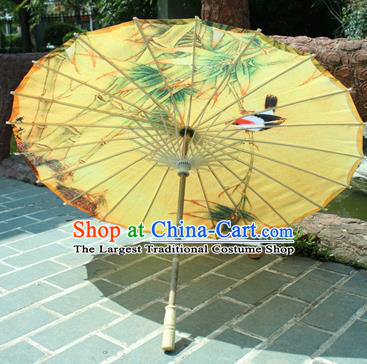 Handmade Chinese Classical Dance Printing Bamboo Bird Yellow Paper Umbrella Traditional Cosplay Decoration Umbrellas