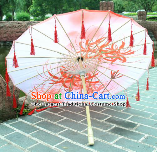 Handmade Chinese Printing Manjusaka Red Tassel Silk Umbrella Traditional Classical Dance Decoration Umbrellas