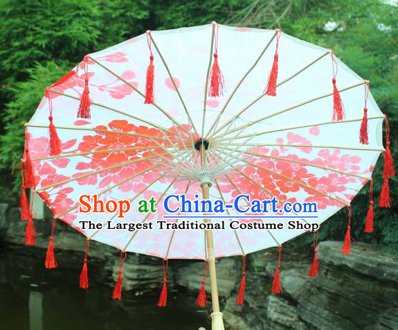 Handmade Chinese Printing Plum Blossom Red Tassel Silk Umbrella Traditional Classical Dance Decoration Umbrellas