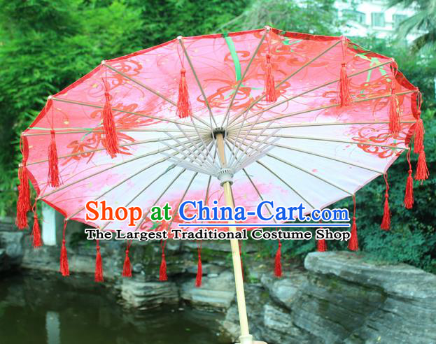 Handmade Chinese Printing Red Manjusaka Tassel Silk Umbrella Traditional Classical Dance Decoration Umbrellas