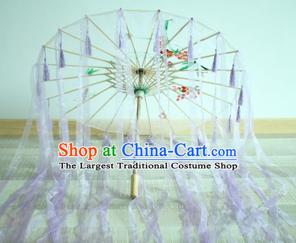 Handmade Chinese Printing Flowers Purple Ribbon Silk Umbrella Traditional Classical Dance Decoration Umbrellas