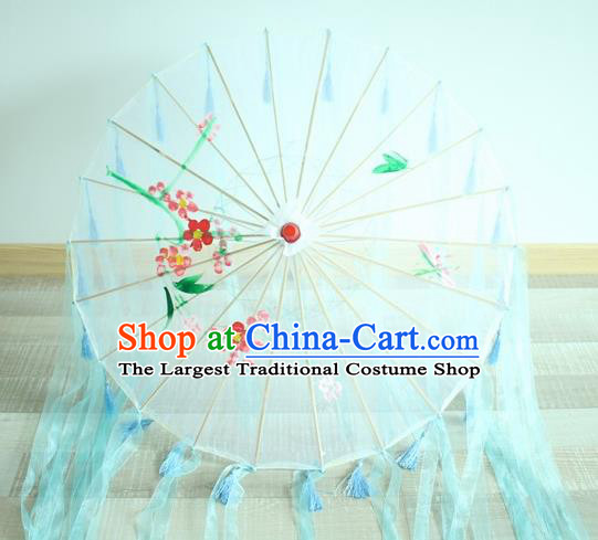 Handmade Chinese Printing Flowers Blue Ribbon Silk Umbrella Traditional Classical Dance Decoration Umbrellas