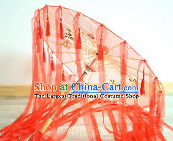 Handmade Chinese Printing Flowers Red Ribbon Silk Umbrella Traditional Classical Dance Decoration Umbrellas