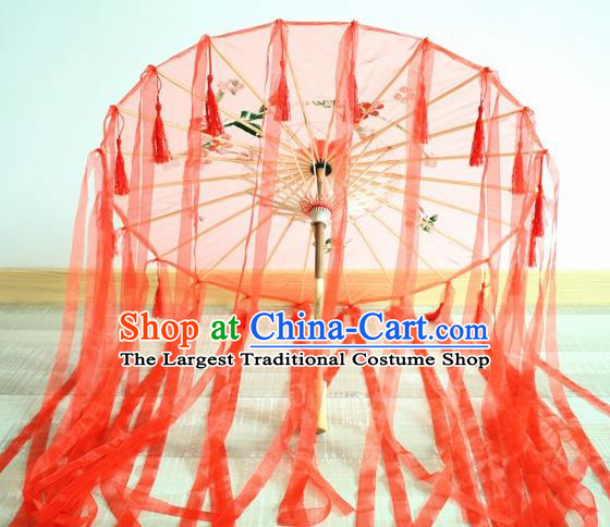 Handmade Chinese Printing Flowers Red Ribbon Silk Umbrella Traditional Classical Dance Decoration Umbrellas
