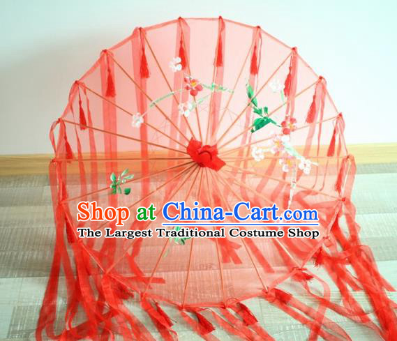 Handmade Chinese Printing Flowers Red Ribbon Silk Umbrella Traditional Classical Dance Decoration Umbrellas