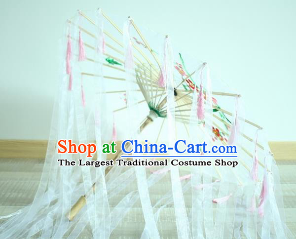 Handmade Chinese Printing Flowers White Ribbon Silk Umbrella Traditional Classical Dance Decoration Umbrellas