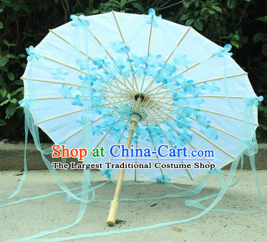 Handmade Chinese Blue Flowers Ribbon Silk Umbrella Traditional Classical Dance Decoration Umbrellas