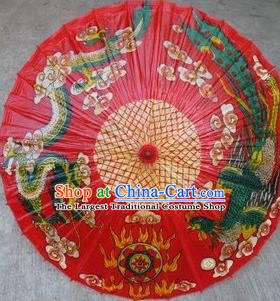 Chinese Classical Dance Handmade Printing Phoenix Dragon Red Paper Umbrella Traditional Decoration Umbrellas