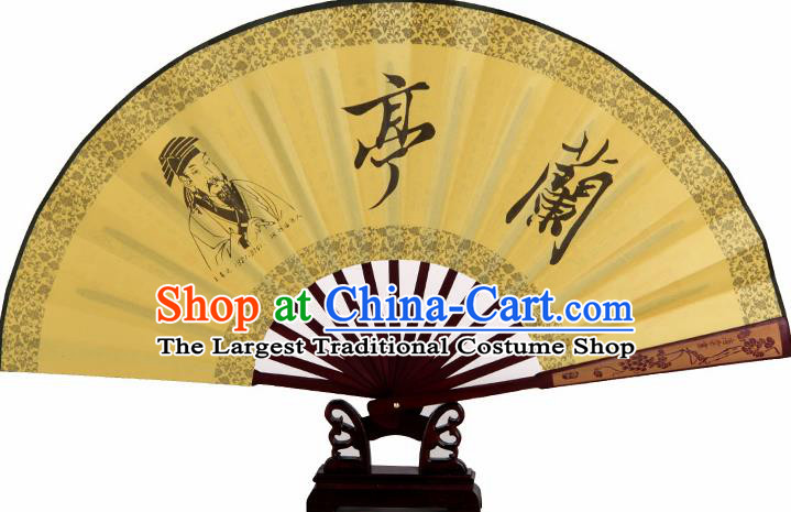 Japanese Handmade Painting Calligraphy Lan Ting Preface Yellow Fans Accordion Fan Traditional Decoration Folding Fan