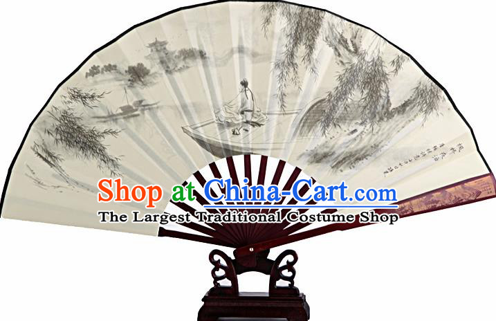 Chinese Handmade Painting Boat White Fans Accordion Fan Traditional Decoration Folding Fan
