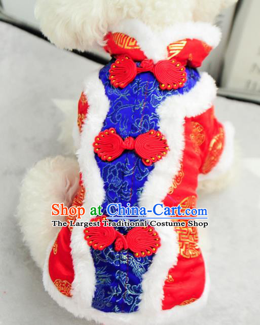 Traditional Asian Chinese Pets Clothing Dog Winter Brushed Royalblue Costumes for New Year