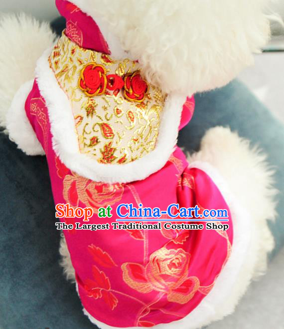 Traditional Asian Chinese Pets Clothing Dog Winter Brushed Printing Rose Rosy Costumes for New Year