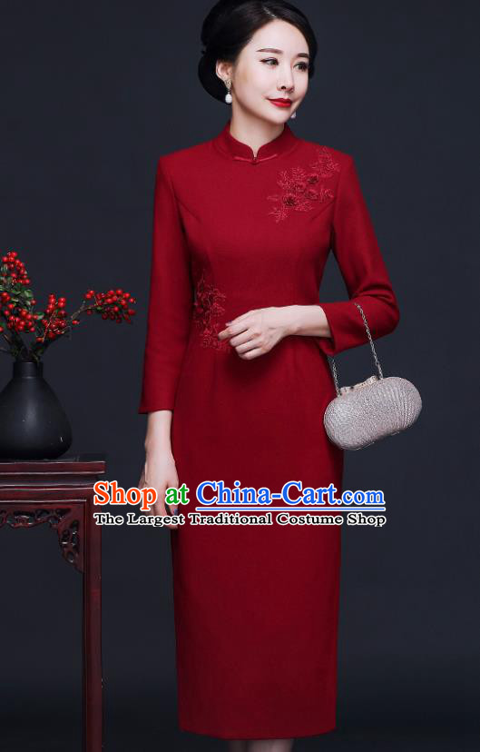 Traditional Chinese Embroidered Red Woolen Cheongsam Mother Tang Suit Qipao Dress for Women