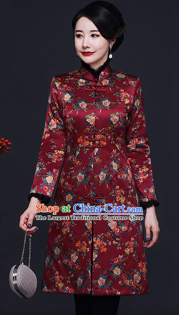 Traditional Chinese Purplish Red Silk Cheongsam Cotton Padded Coat Mother Tang Suit Stand Collar Overcoat for Women