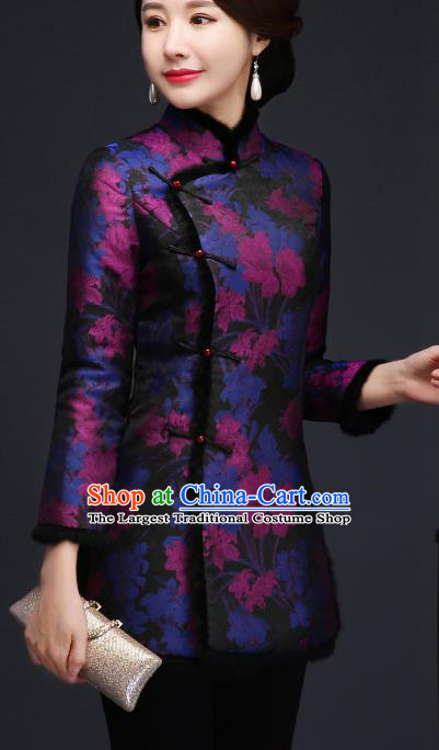 Traditional Chinese Blue Silk Cheongsam Cotton Padded Jacket Mother Tang Suit Stand Collar Overcoat for Women