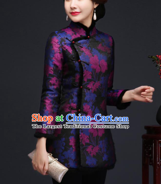 Traditional Chinese Blue Silk Cheongsam Cotton Padded Jacket Mother Tang Suit Stand Collar Overcoat for Women
