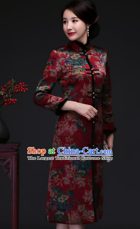 Traditional Chinese Purplish Red Silk Winter Cheongsam Mother Tang Suit Qipao Dress for Women