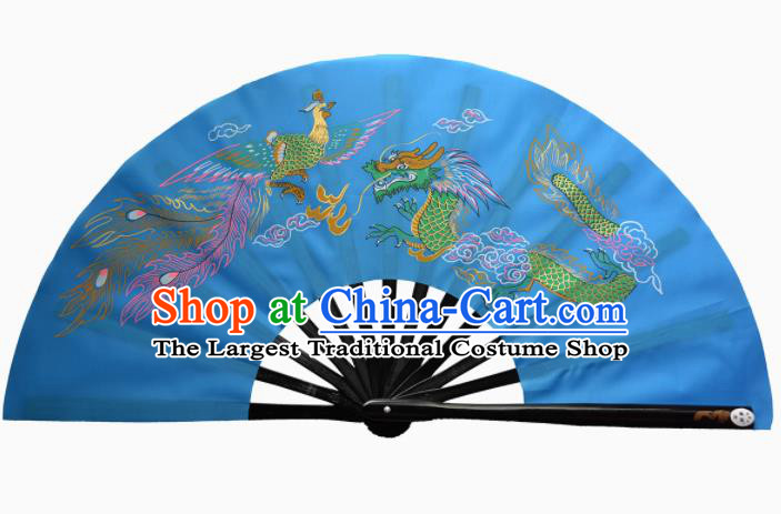 Chinese Handmade Martial Arts Printing Dragon Phoenix Blue Silk Fans Accordion Fan Traditional Kung Fu Folding Fan