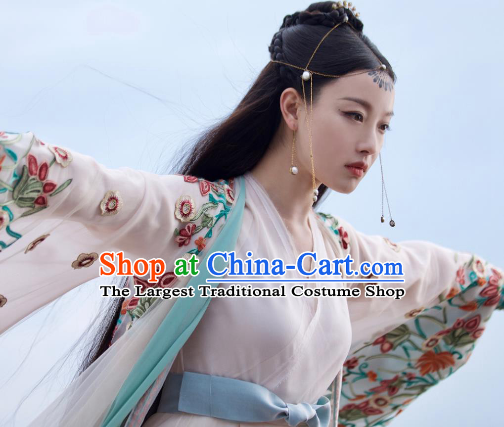 Drama Love and Destiny Chinese Ancient Flowers Goddess Ling Xi NiNi Embroidered White Costumes and Headpiece for Women