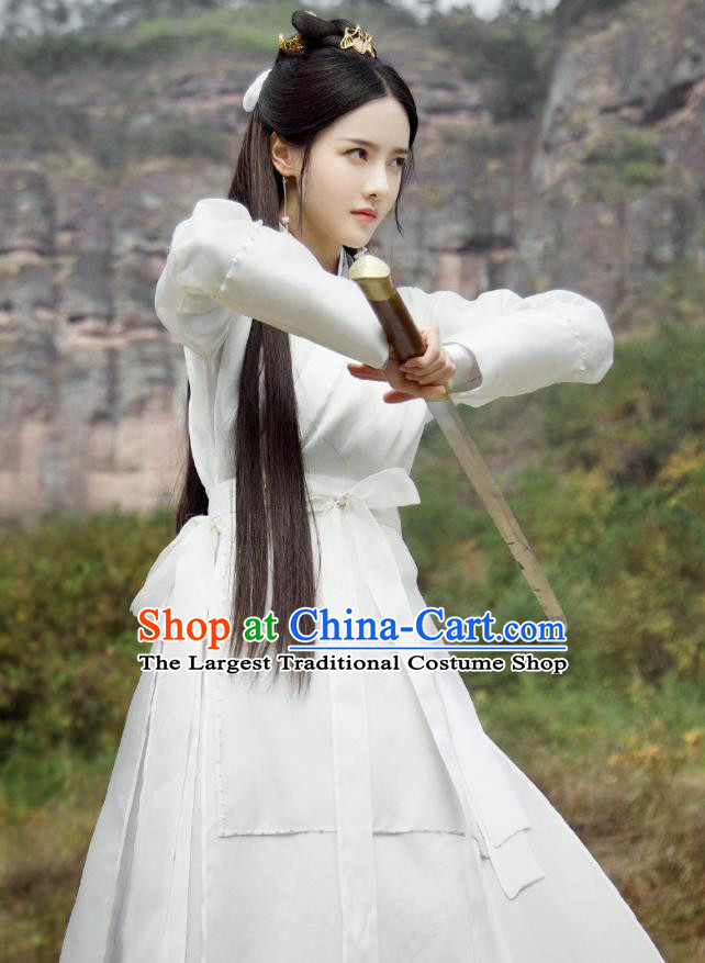 Chinese Ancient Female Swordsman Drama Love and Destiny Qing Yao Zhang Zhi Xi White Costumes and Headpiece for Women