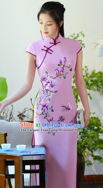 Traditional Chinese Embroidered Magnolia Pink Silk Cheongsam Mother Tang Suit Qipao Dress for Women