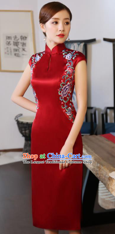 Traditional Chinese Embroidered Peony Red Silk Short Cheongsam Mother Tang Suit Qipao Dress for Women