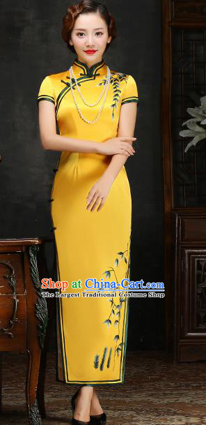 Traditional Chinese Embroidered Yellow Silk Cheongsam Mother Tang Suit Qipao Dress for Women