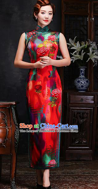 Traditional Chinese Printing Roses Red Silk Cheongsam Mother Tang Suit Qipao Dress for Women