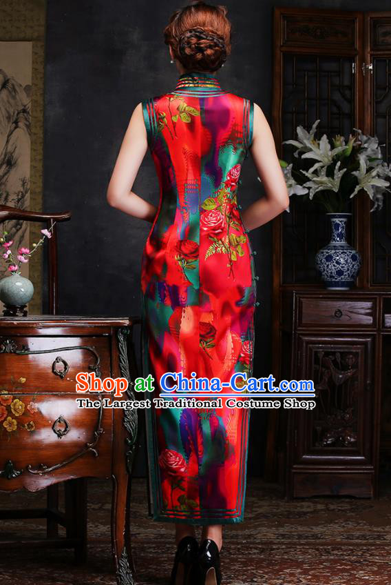Traditional Chinese Printing Roses Red Silk Cheongsam Mother Tang Suit Qipao Dress for Women
