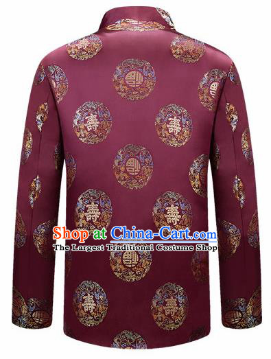 Traditional Chinese Purple Brocade Cotton Padded Coat New Year Tang Suit Stand Collar Overcoat for Old Men