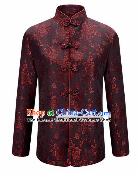 Traditional Chinese Printing Roses Brown Brocade Cotton Padded Coat New Year Tang Suit Stand Collar Overcoat for Old Men