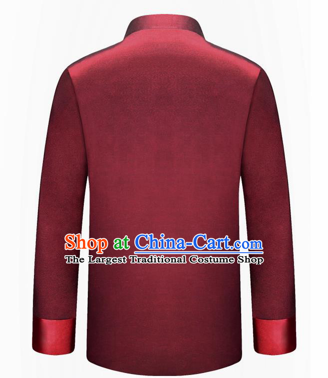 Traditional Chinese Embroidered Dragon Purplish Red Brocade Cotton Padded Coat New Year Tang Suit Stand Collar Overcoat for Old Men