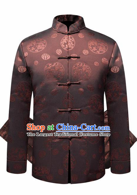 Traditional Chinese Dragon Pattern Brown Brocade Cotton Padded Coat New Year Tang Suit Overcoat for Old Men