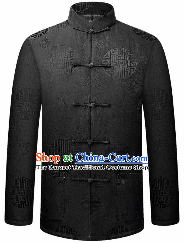 Traditional Chinese Lucky Pattern Black Brocade Cotton Padded Coat New Year Tang Suit Overcoat for Old Men