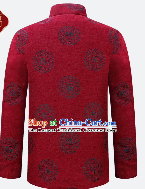 Traditional Chinese Red Velvet Cotton Wadded Jacket New Year Tang Suit Overcoat for Old Men