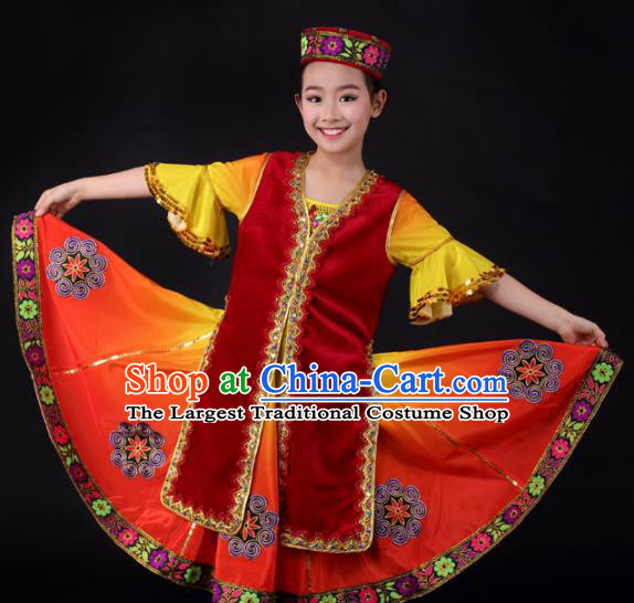 Traditional Chinese Child Xinjiang Uyghur Nationality Red Dress Ethnic Minority Folk Dance Costume for Kids