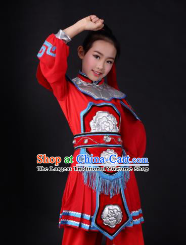 Traditional Chinese Classical Dance Hua Mulan Red Clothing Stage Show Costume for Kids
