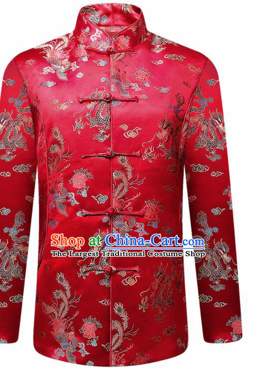 Traditional Chinese Red Cotton Wadded Jacket New Year Tang Suit Overcoat for Old Men