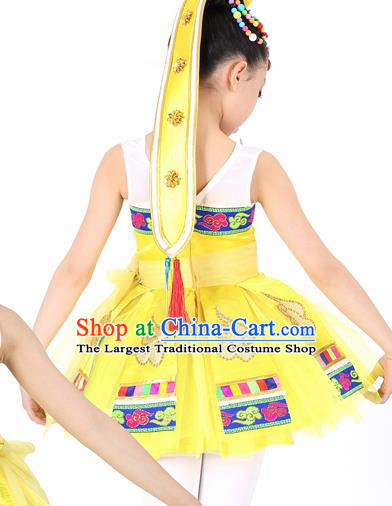 Traditional Chinese Child Mongol Nationality Yellow Dress Ethnic Minority Folk Dance Costume for Kids