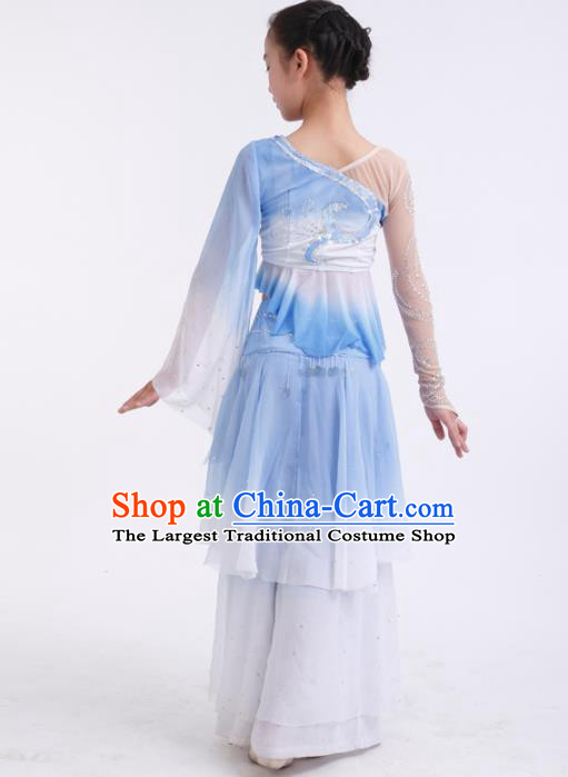 Traditional Chinese Folk Dance Fan Dance Blue Veil Clothing Yangko Dance Stage Show Costume for Kids