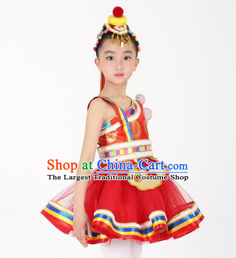 Traditional Chinese Child Zang Nationality Red Short Dress Ethnic Minority Folk Dance Costume for Kids