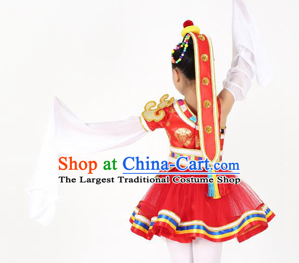 Traditional Chinese Child Zang Nationality Red Short Dress Ethnic Minority Folk Dance Costume for Kids
