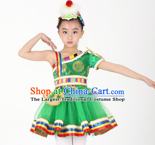 Traditional Chinese Child Zang Nationality Green Short Dress Ethnic Minority Folk Dance Costume for Kids