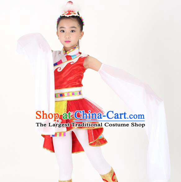 Traditional Chinese Child Zang Nationality Red Veil Short Dress Ethnic Minority Folk Dance Costume for Kids