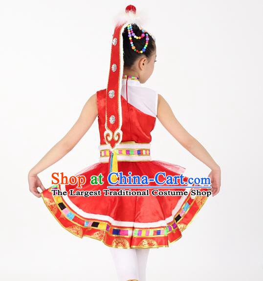 Traditional Chinese Child Zang Nationality Red Veil Short Dress Ethnic Minority Folk Dance Costume for Kids