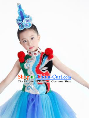 Traditional Chinese Children Classical Dance Blue Clothing Stage Show Costume for Kids