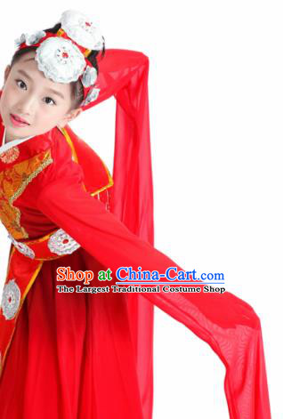 Traditional Chinese Child Zang Nationality Red Water Sleeve Dress Ethnic Minority Folk Dance Costume for Kids