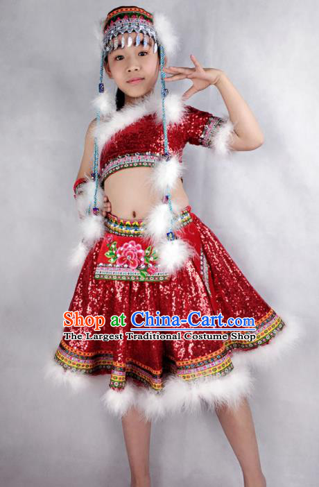Traditional Chinese Child Mongol Nationality Red Short Skirt Ethnic Minority Folk Dance Costume for Kids