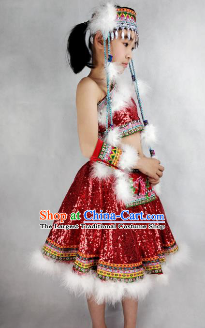 Traditional Chinese Child Mongol Nationality Red Short Skirt Ethnic Minority Folk Dance Costume for Kids